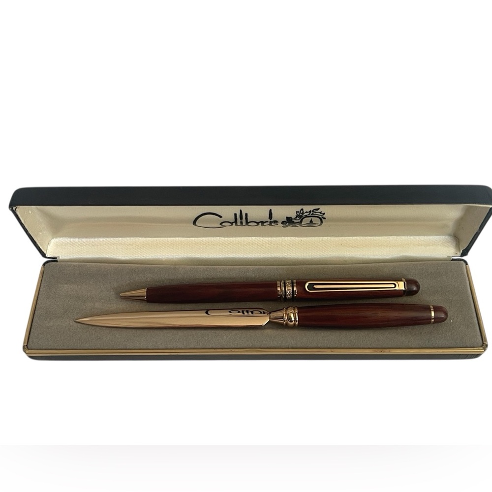VINTAGE COLIBRI Brown Wood Grain with Gold Trim Ballpoint Pen & Letter Opener